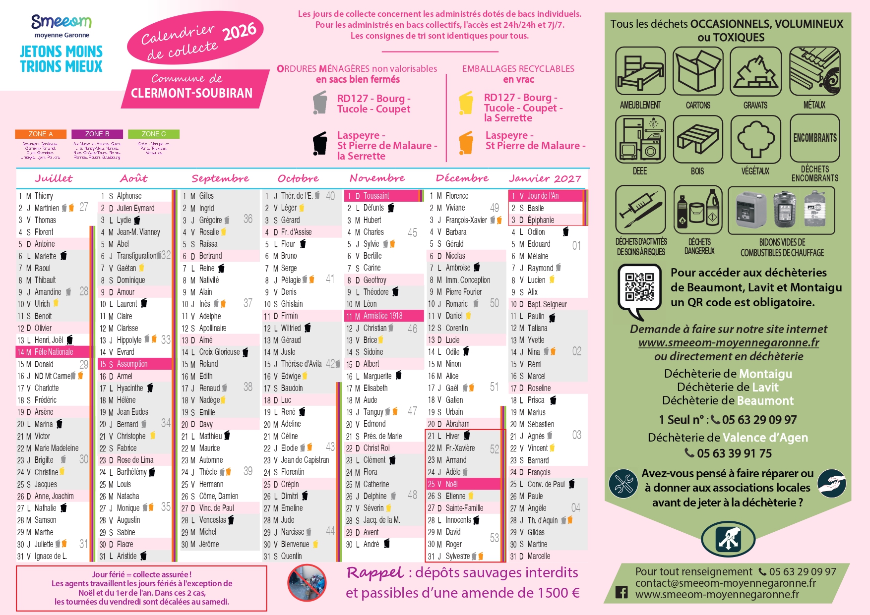 Calendrier de collecte Clermont Soubiran second semestre