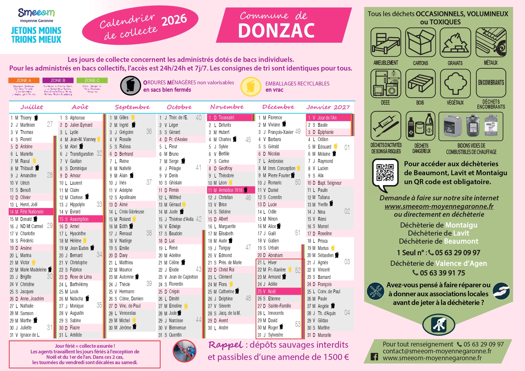 Calendrier de collecte Donzac second semestre