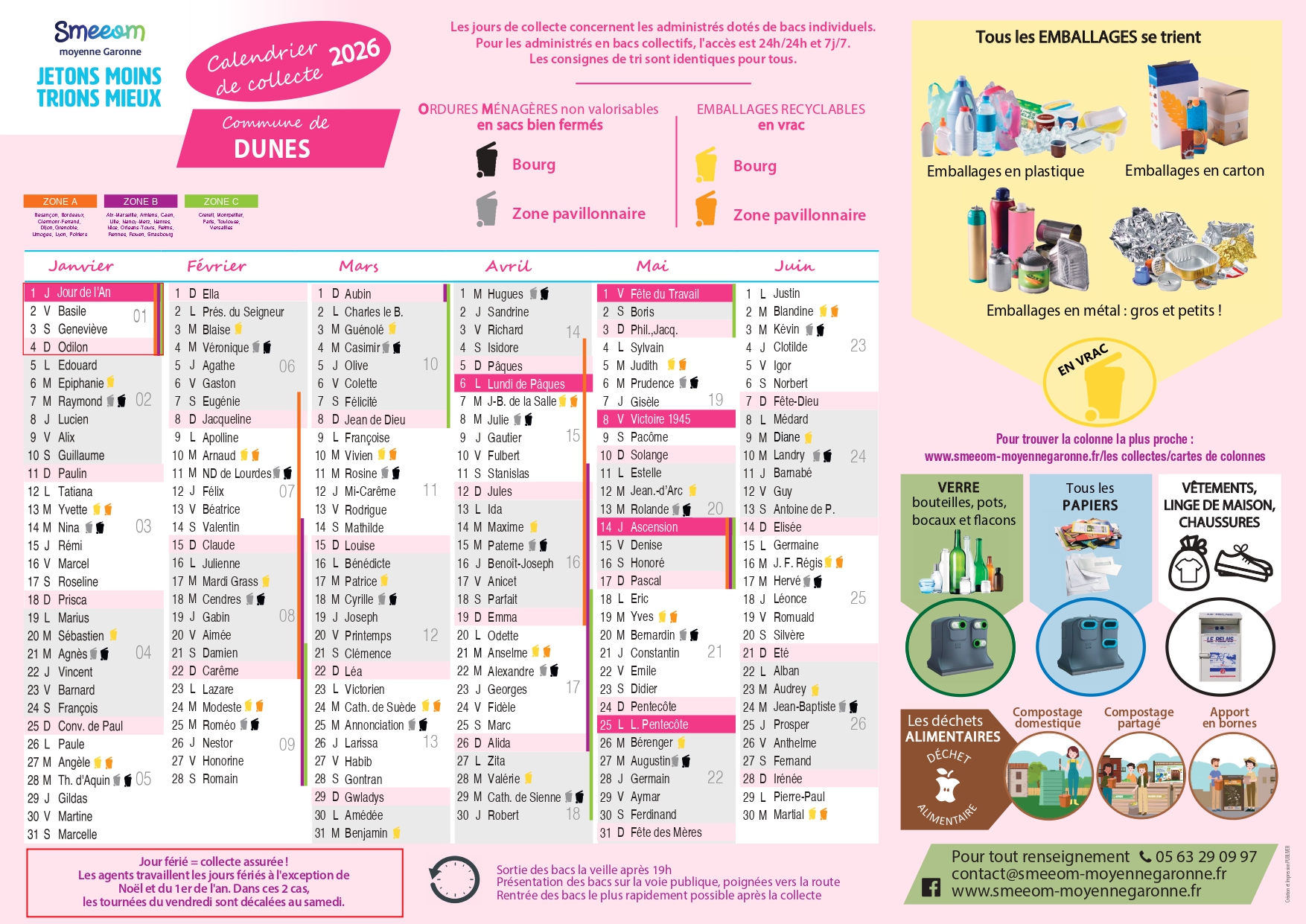 Calendrier de collecte Dunes premier semestre
