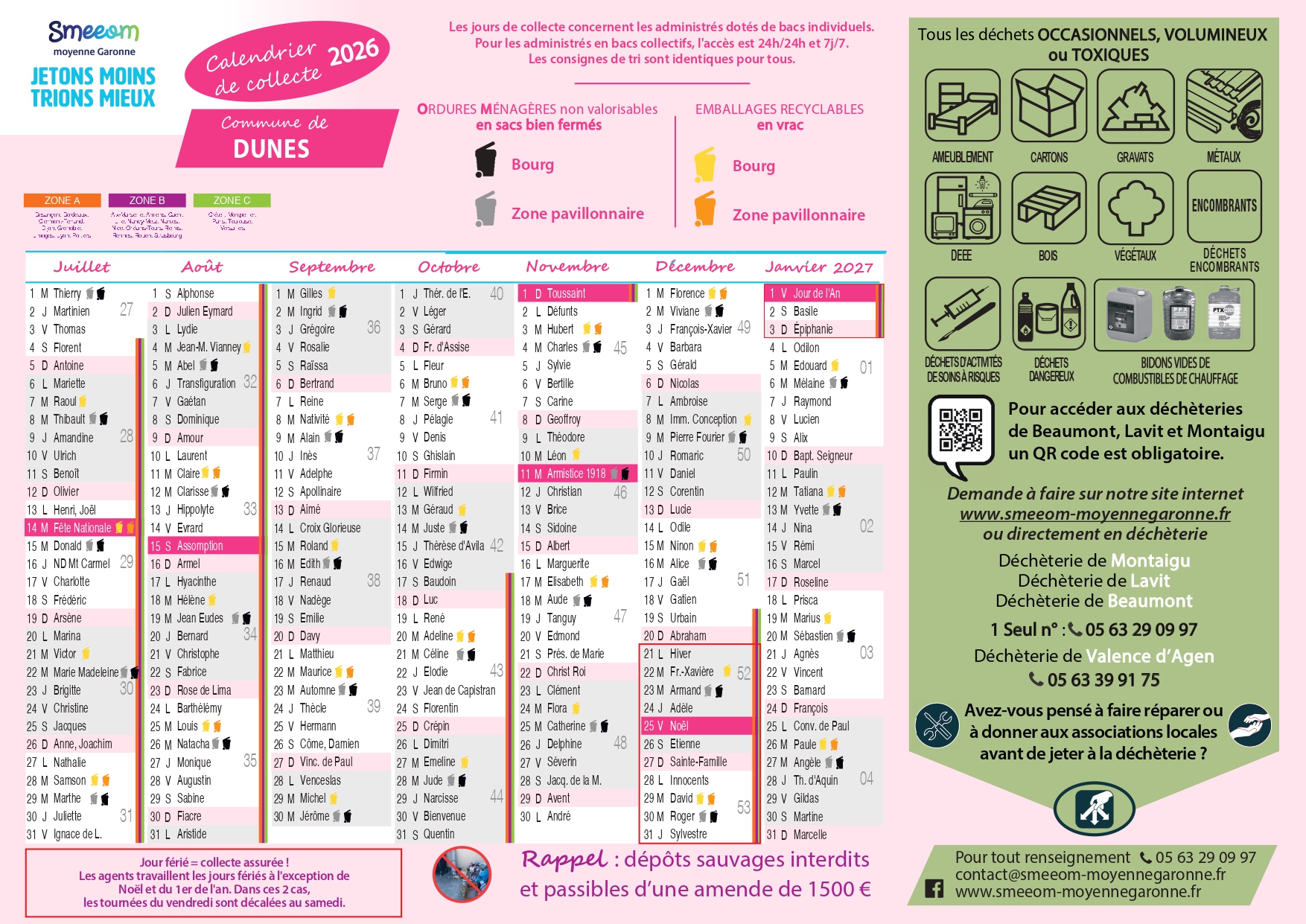 Calendrier de collecte Dunes second semestre