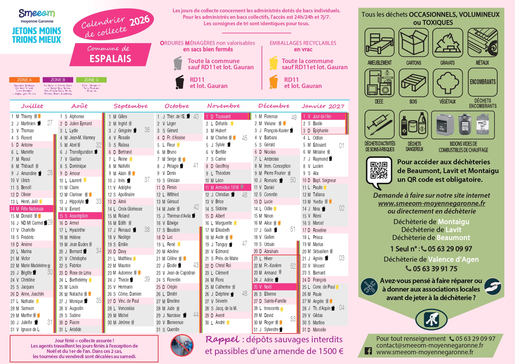 Calendrier de collecte Espalais second semestre