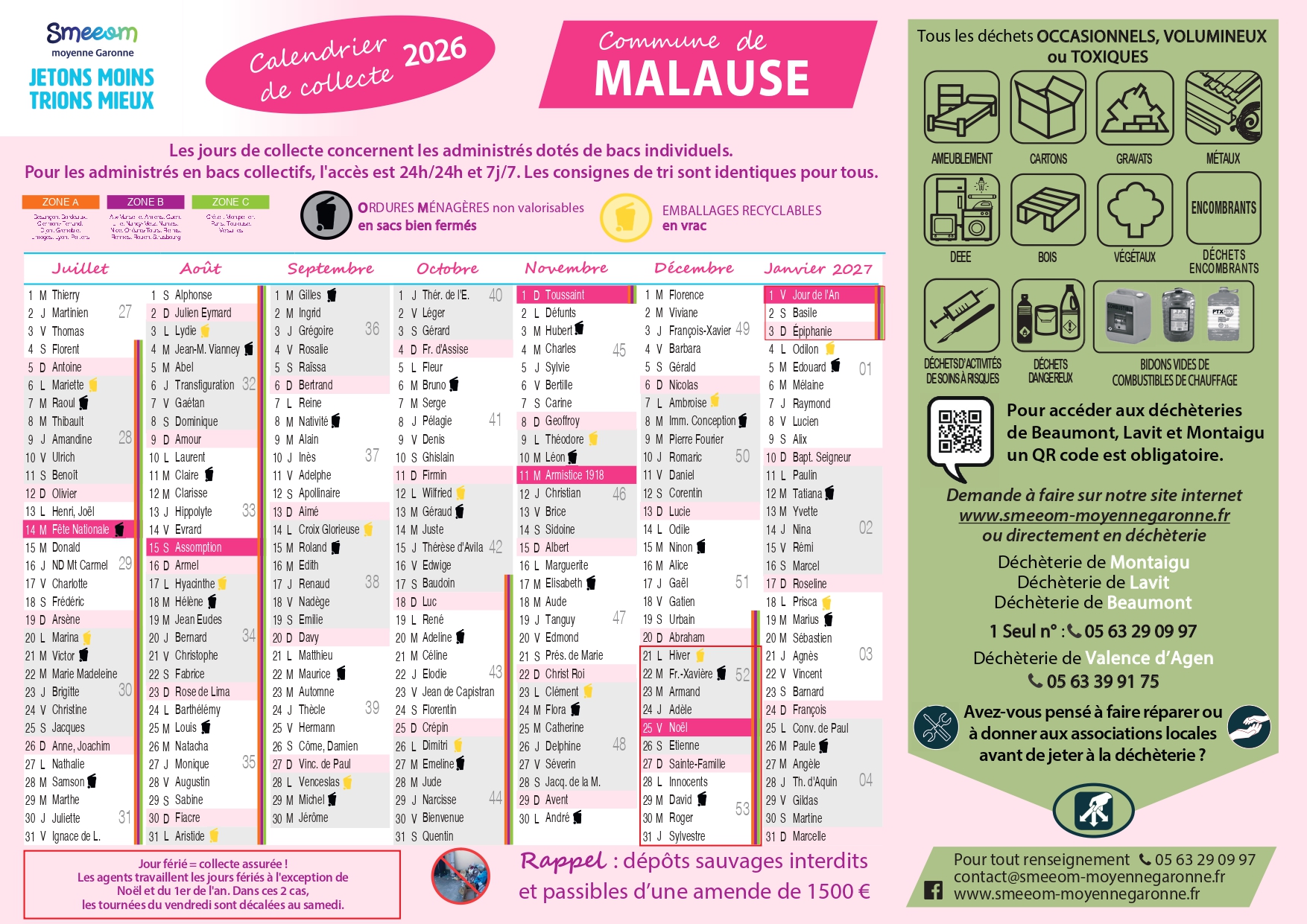 Calendrier de collecte Malause second semestre