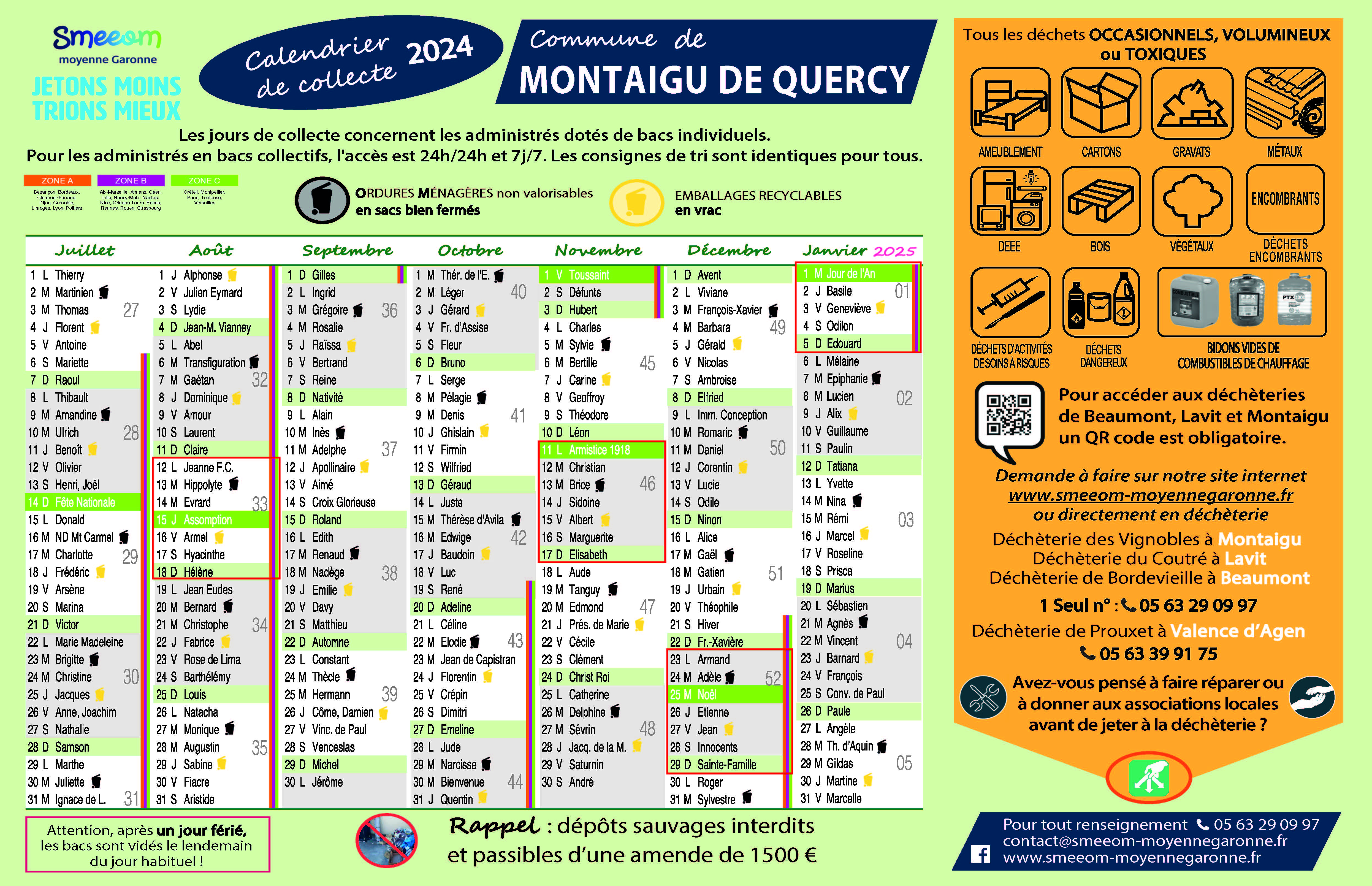 Calendrier de collecte Montaigu de Quercy second semestre