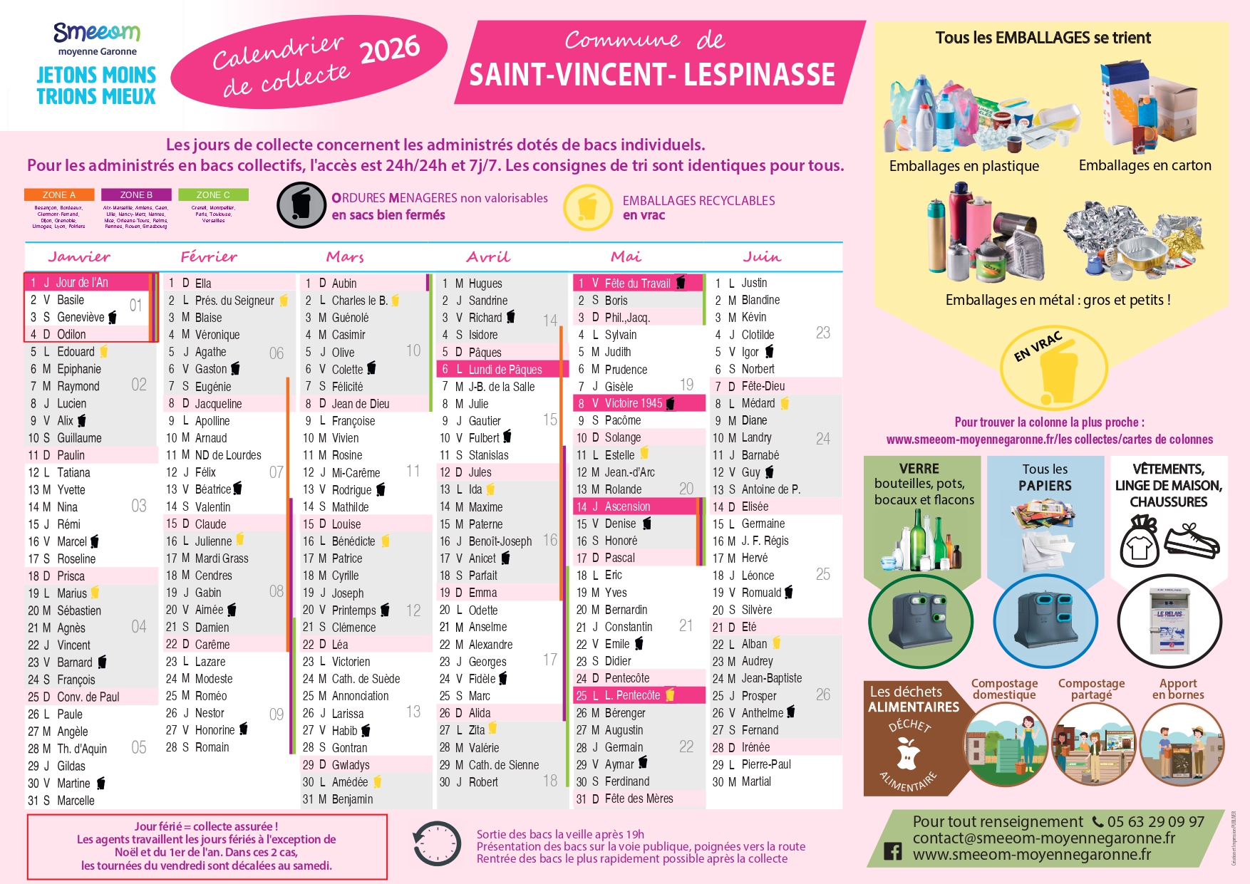 Calendrier de collecte Saint Vincent Lespinasse premier semestre