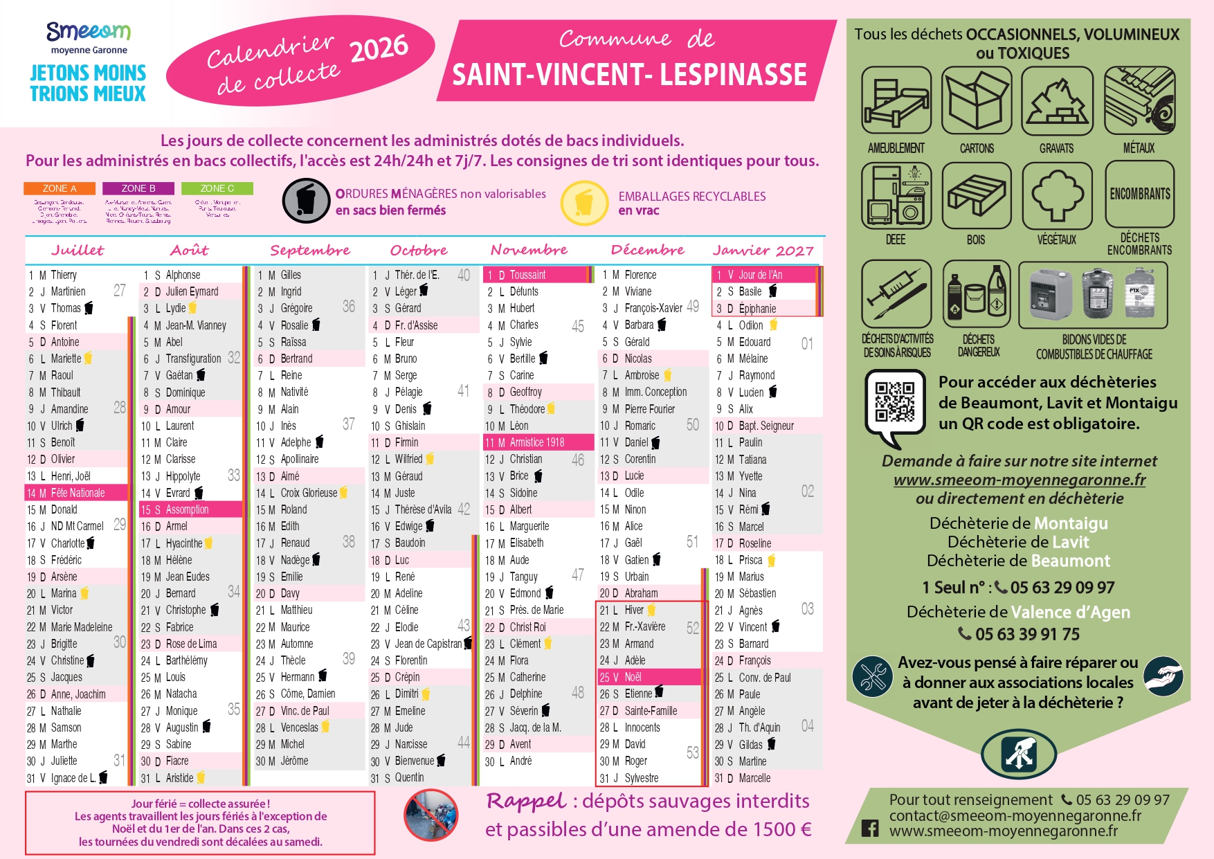 Calendrier de collecte Saint Vincent Lespinasse second semestre