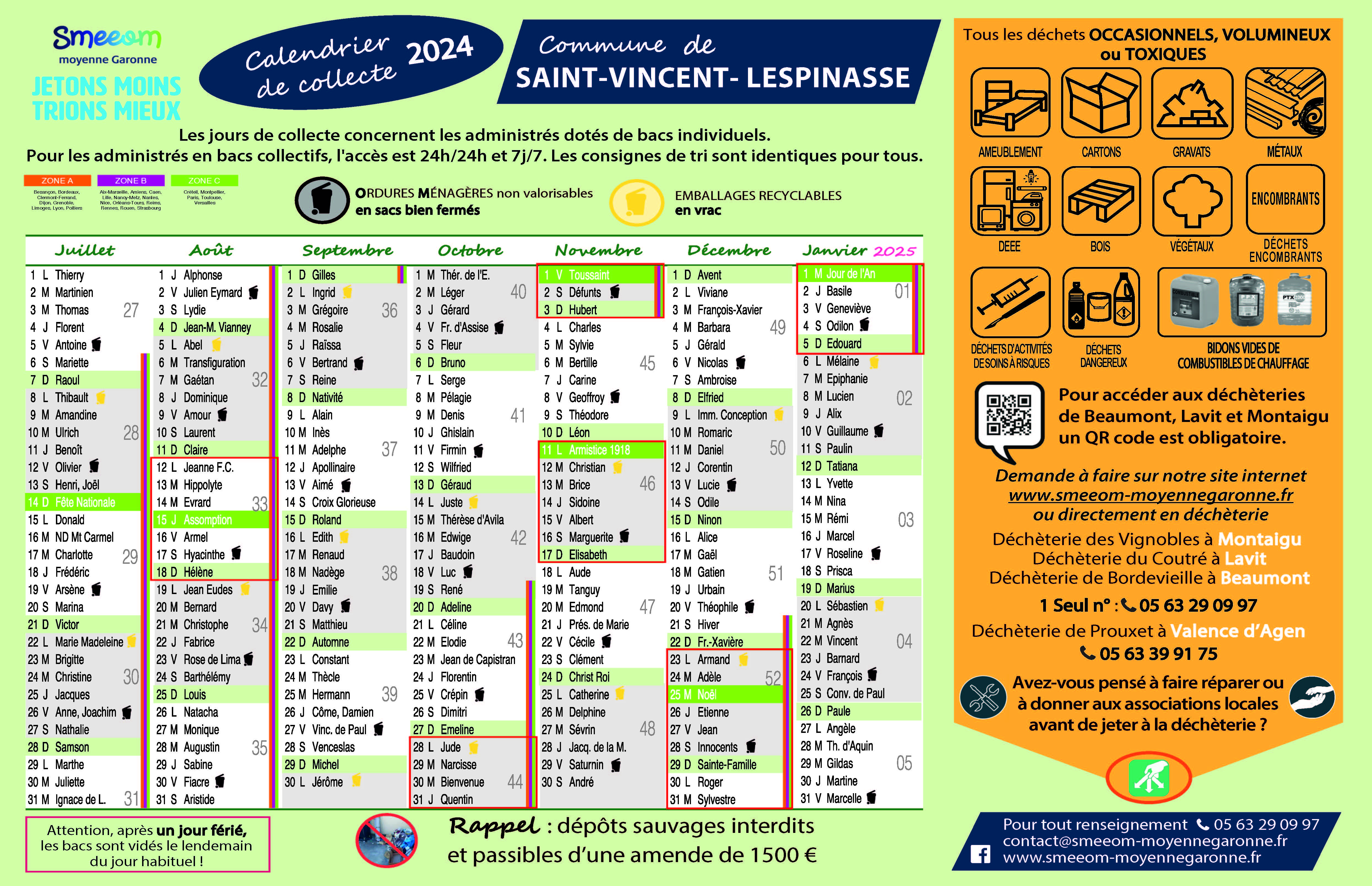 Calendrier de collecte Saint Vincent Lespinasse second semestre