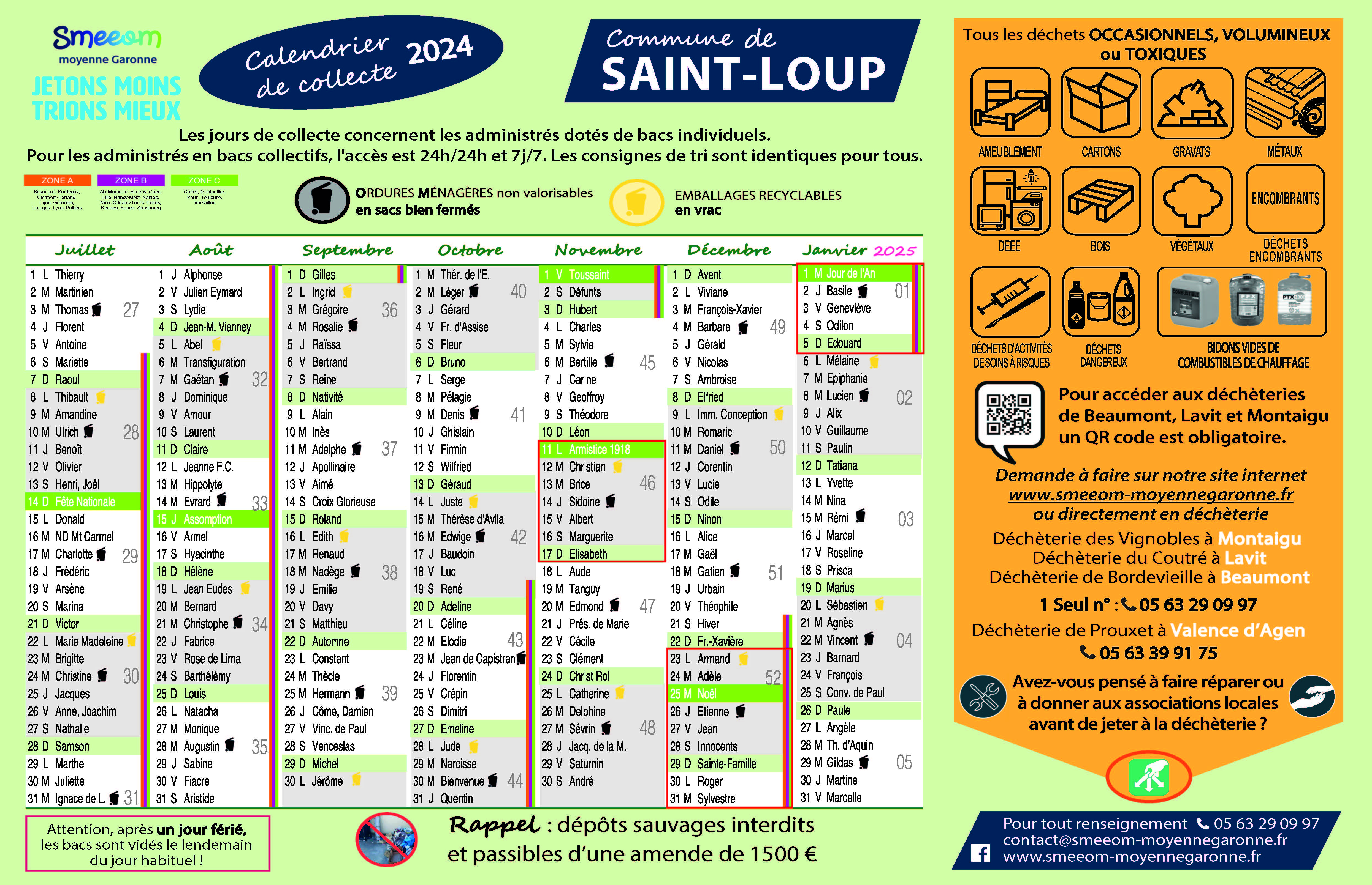 Calendrier de collecte Saint Loup second semestre