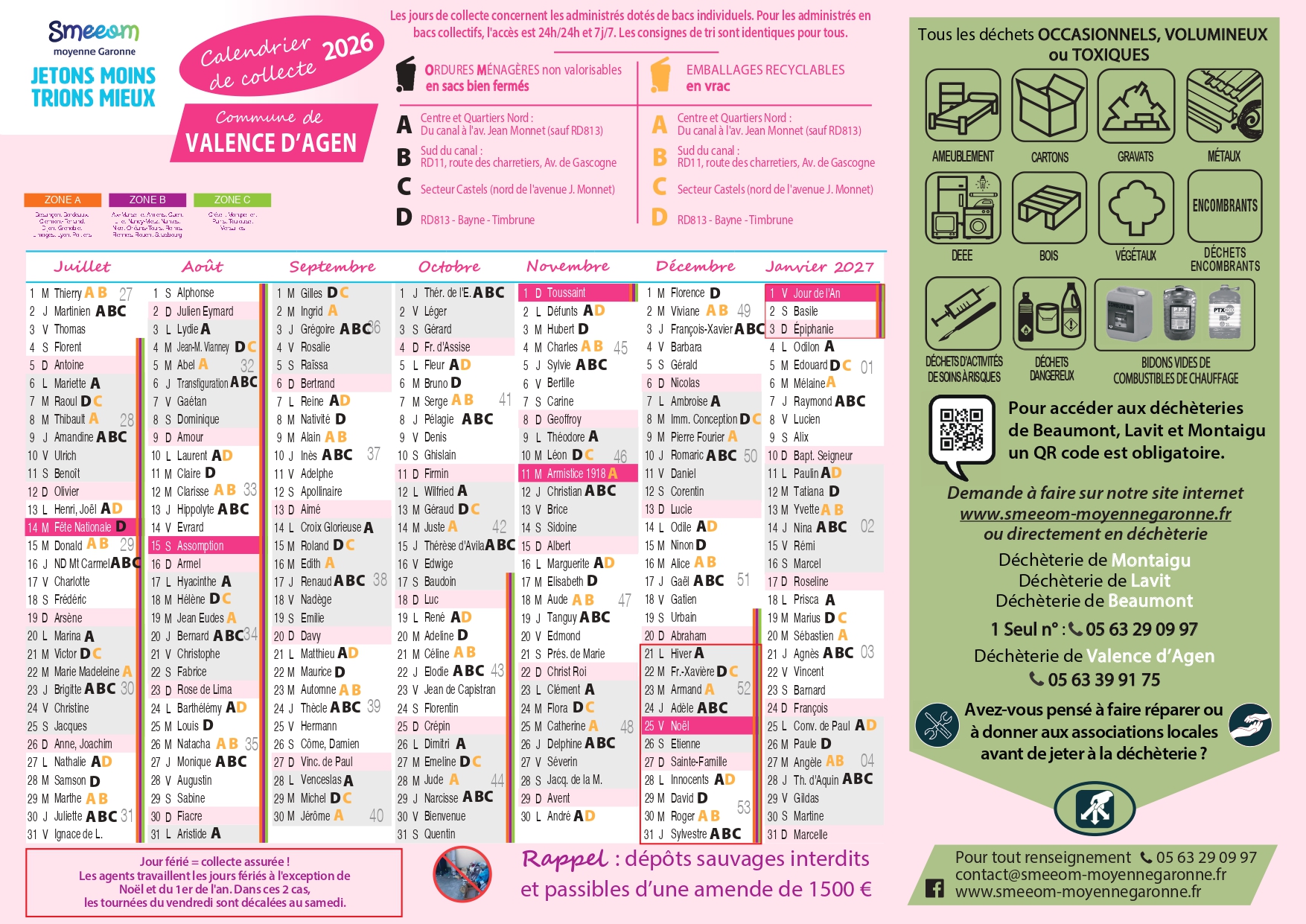 Calendrier de collecte Valence second semestre