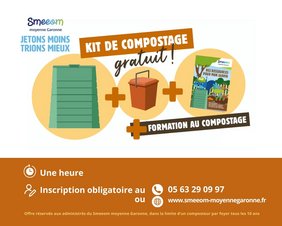 Kit de compostage gratuit + formation au compostage. Durée : une heure - Inscription obligatoire par téléphone ou sur notre site. Offre réservée aux admnistrés du Smeeom moyenne Garonne dans la limite d'un composteur par foyer tous les 10 ans.