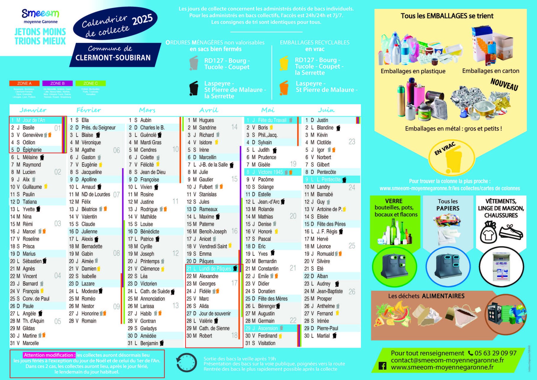 Calendrier de collecte Clermont Soubiran premier semestre